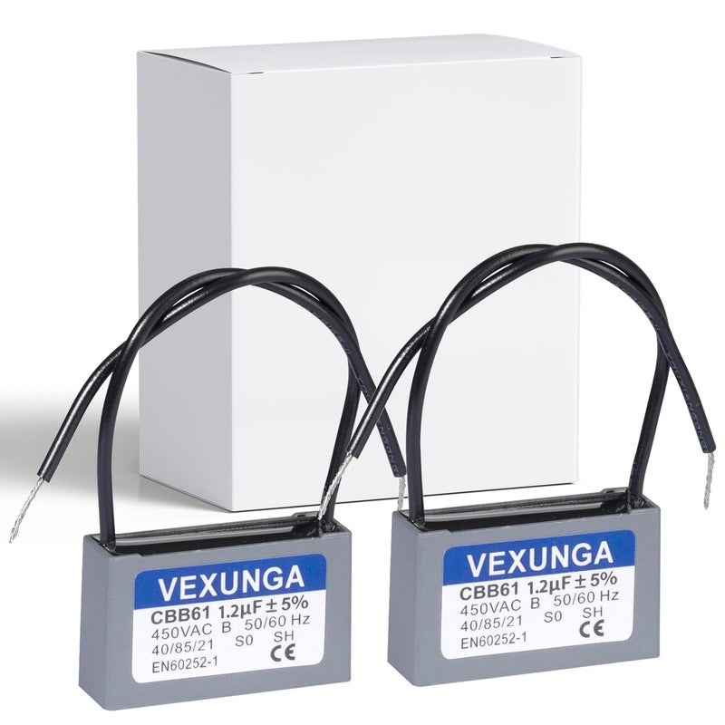 VEXUNGA CBB61 Fan Capacitor 1.2uF 450 Volt Ceiling Fan Capacitors Replacement 1.2MFD 450V AC 450VAC 50/60Hz 2Wire for Fans Motor Start Run (2Pcs) - Image 1